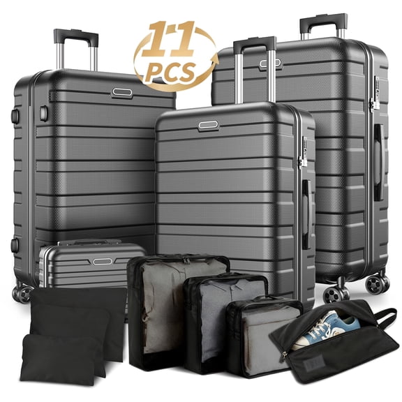 11 Pcs Hardshell Luggage Set Hardside Lightweight Suitcase with Lock Spinner Wheels 14 Travel Case, 20" Carry-On Luggage, 24" Checked Luggage and 28" Checked Luggage, Black