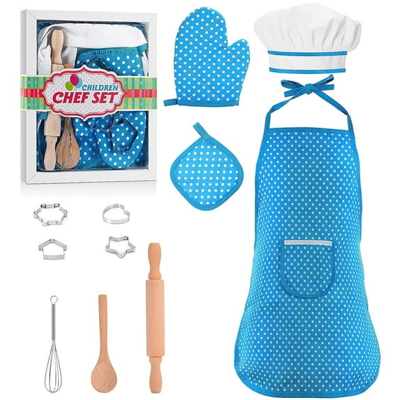 11 Pcs Kids Aprons for Girls Boys, Kids Cooking and Baking Sets, Chef Hat Apron Pretend Play Set for Toddlers Age 3-8, Blue