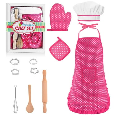 11 Pcs Kids Aprons for Girls Boys, Kids Cooking and Baking Sets, Chef Hat Apron Pretend Play Set for Toddlers Age 3-8, Pink