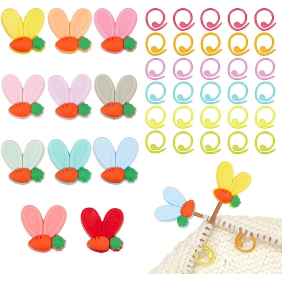 11 Pcs Knitting Needle Stoppers 30 Pcs Knitting Stitch Marker Rings Rabbit Carrot Needle Point Protectors Focal Beads Stoppers Knitting Supplies for DIY and Handmade Crafts Mixed Color