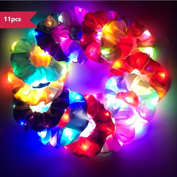 11 Pcs LED Light Up Hair Scrunchies - Glow in the Dark Hair Accessories for Rave, Festival & Party Favors, Multiple Lighting Modes (Batteries Included)