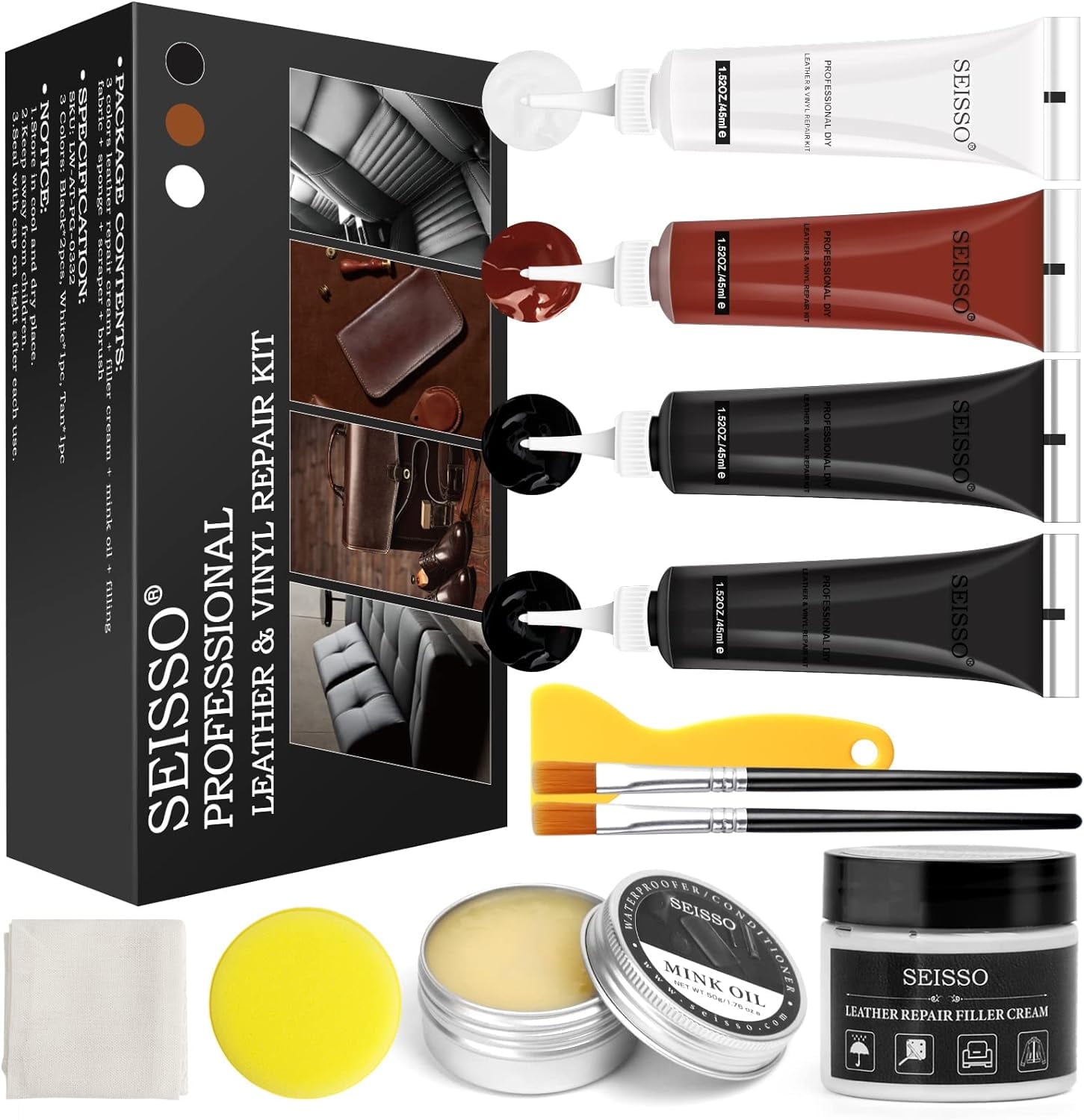 11 Pcs Leather Repair Kit for Furniture  Couch, Leather Dye Leather Recoloring Balm for Car Seat, Sofa, Upholstery, Cat Scratches, Boot, Shoes, Vinyl Leather Repair Filler with Mink Oil