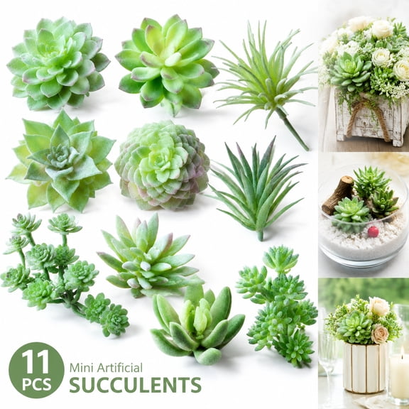 11 Pcs Mini Artificial Succulents , Flocked Green Fake Succulent Picks for DIY Floral Arrangements, Wedding Centerpieces, Home Decor, Table Decorations - Unpotted Faux Echeveria, Agave,