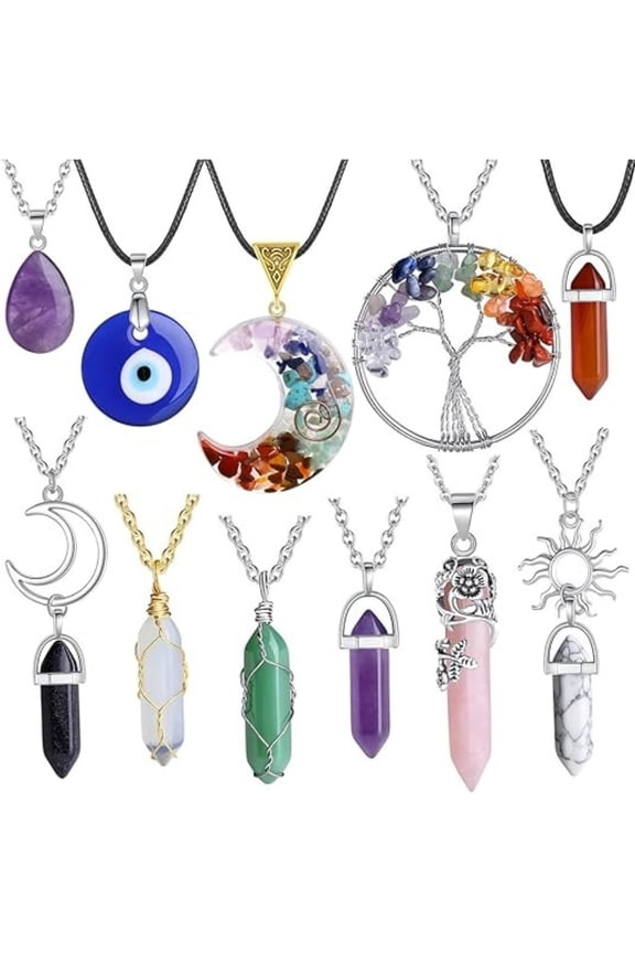 11 Pcs Natural Crystal Necklaces Set, Healing Stones Boho Chic Jewelry with Evil Eye & Chakra Pendant, Spiritual Gift for Women Birthday Christmas