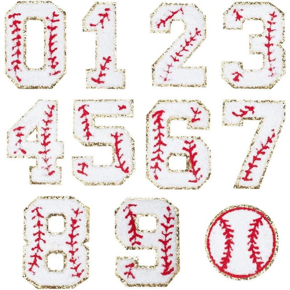 11 Pcs Number Iron on Patches 0-9 Numbers Flat Tennis Shaped Applique Chenille Patches Embroidered Gold Baseball Style Patch DIY