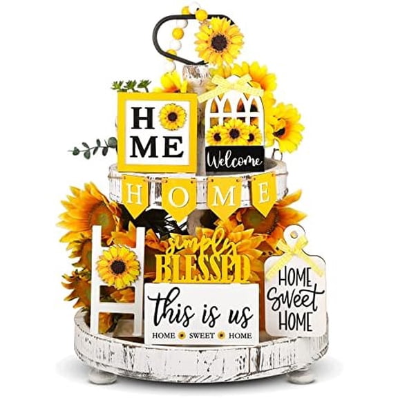 11 Pcs Sunflower Tiered Tray Decor Summer Rustic Home Farmhouse Tiered Tray Decorations Set Wooden Signs Vintage Farm Animal Farmhouse Tabletop Wood Signs for Kitchen Table Shelf Decor