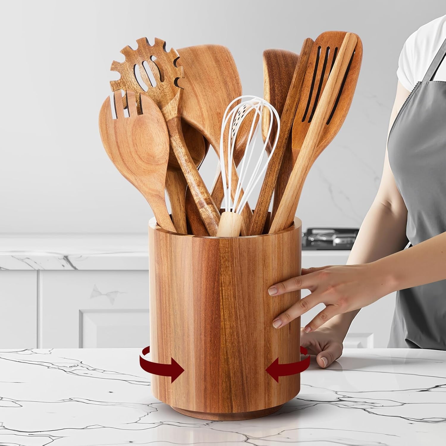 11 Pcs Wooden Kitchen Utensils Set with 360° Straight Rotating Holder Acacia Wood Cooking Utensils with Cooking Spoons Spatulas Nonstick Cookware Countertop Kitchen Decorations(Natural)