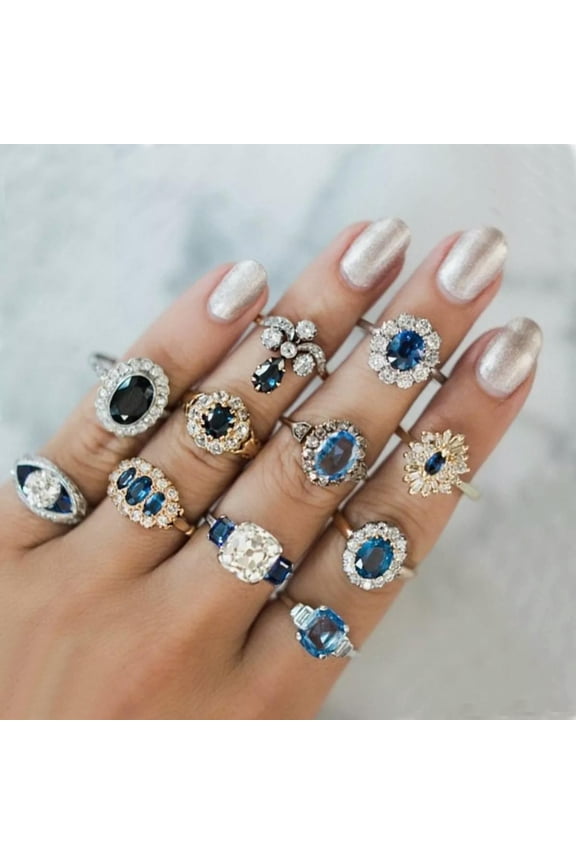 11 Pcs/set Women Blue Sapphire Geometry Round Water Drops Flower Ring Set