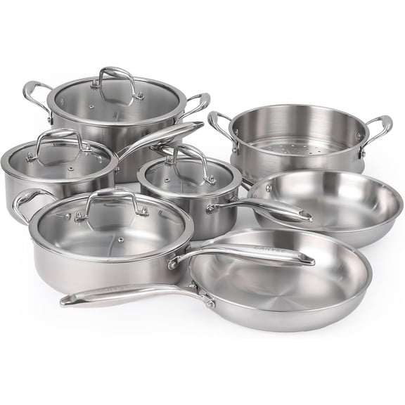 11 Piece 3-Ply Stainless Steel Pots and Pans Set, Full Clad Cookware Set with Frying Pans, Saucepans, Saute Pan and Stock Pot, Compatible with Induction Gas Electric Cooktops, Dishwasher Safe