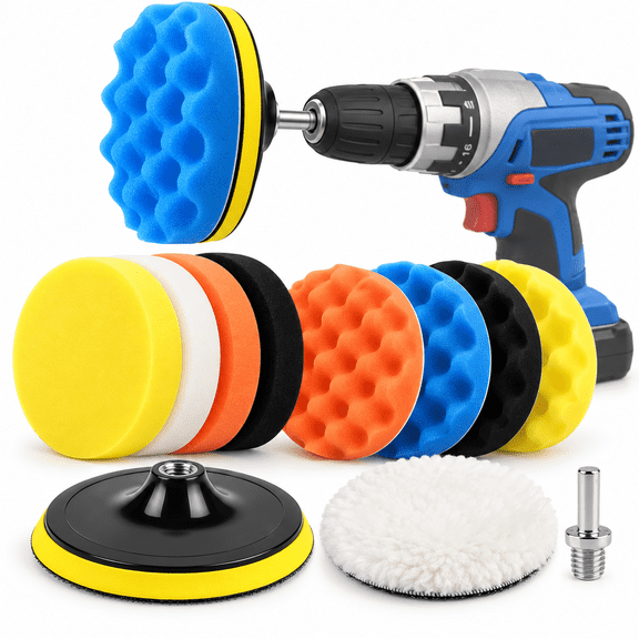 11 Piece 6 Inch Drill Buffer Polishing Pad Kit Foam Polishing Pads with Drill Adapter for Car Polishing, Waxing, Sealing Glaze, and Surface Detailing