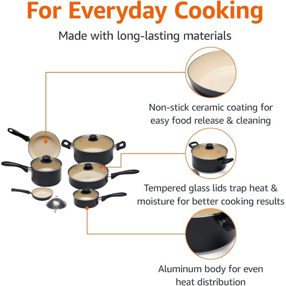 11-Piece Ceramic Non-Stick Cookware Set with Glass Lids, Black