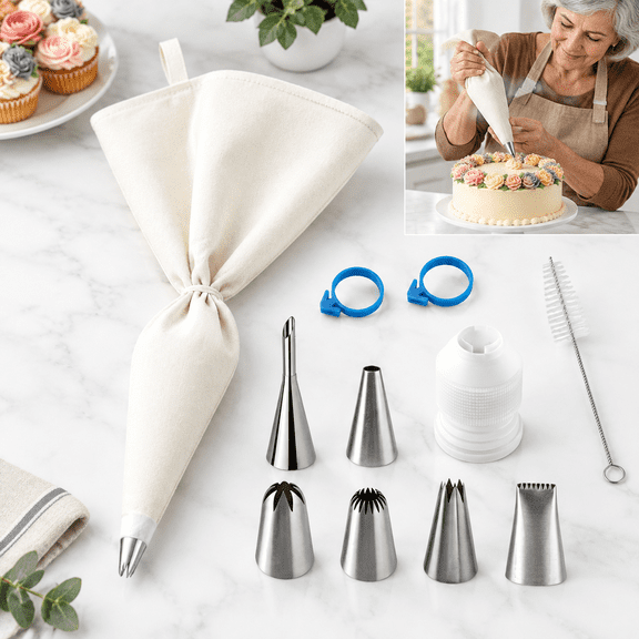 11-Piece Cotton Pastry Decorating Kit with Stainless Steel Nozzles for Cake Cupcake Cookie Frosting