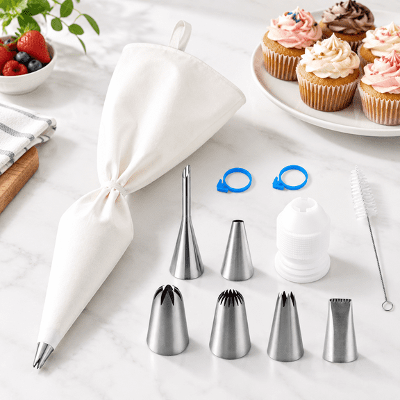 11-Piece Cotton Pastry Decorating Kit with Stainless Steel Nozzles for Cake Cupcake Cookie Frosting