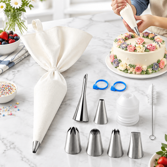 11-Piece Cotton Pastry Decorating Kit with Stainless Steel Nozzles for Cake Cupcake Cookie Frosting