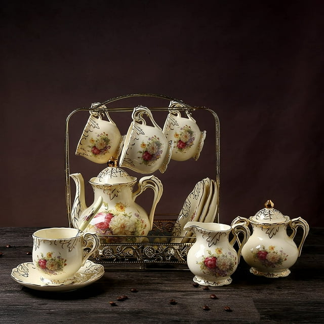 11 Piece Creative European Luxury Tea Set, Ivory Porcelain Ceramic