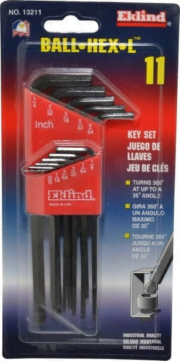 11 Piece Eklind 13211 LKey Ball End Hex Key Set, Hex Range 0.05" to 1/