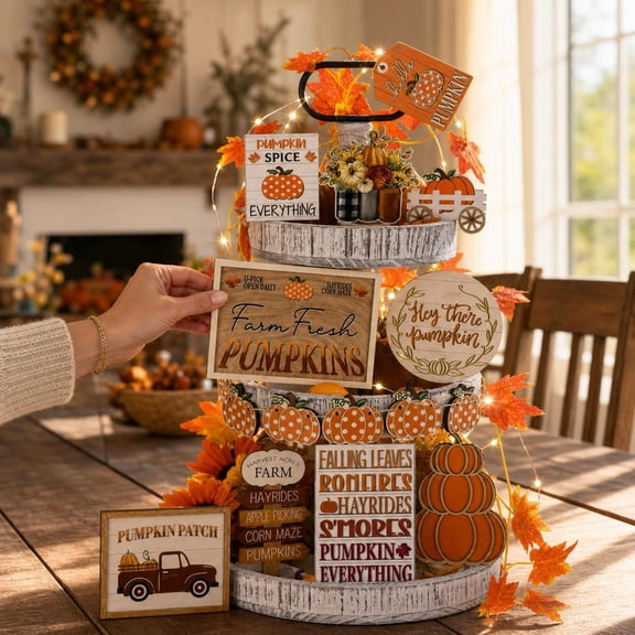KRONDO 11-Piece Fall Tiered Tray Decor Set Rustic Wooden Pumpkins Leaves Harvest Tabletop Shelf Decor