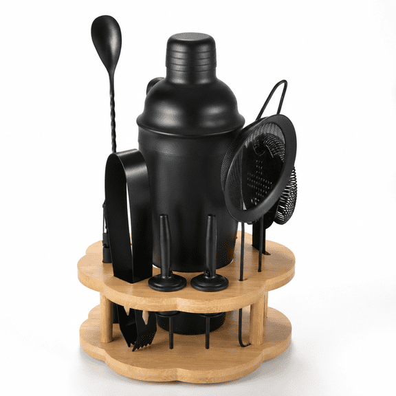 11 Piece-Frosted Black Stainless Steel Cocktail Shaker Set with Rotating Stand