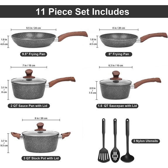 11-Piece Granite Nonstick Cookware Set with Induction Base, Dark Gray Pots and Pans for All Stovetops