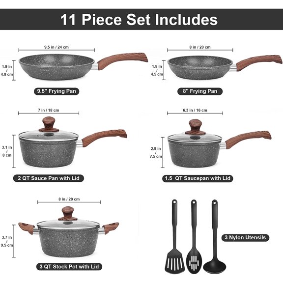 11-Piece Granite Nonstick Cookware Set with Induction Base, Dark Gray Pots and Pans for All Stovetops