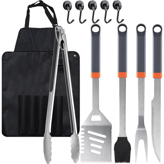 11-Piece Grill Tools Set, BBQ Grilling Accessories with Tongs & Spatua, Stainless Steel Portable Grill Tools Kit with Hooks & Apron Storage Bag for Camping, Grilling Gifts for Men Dad