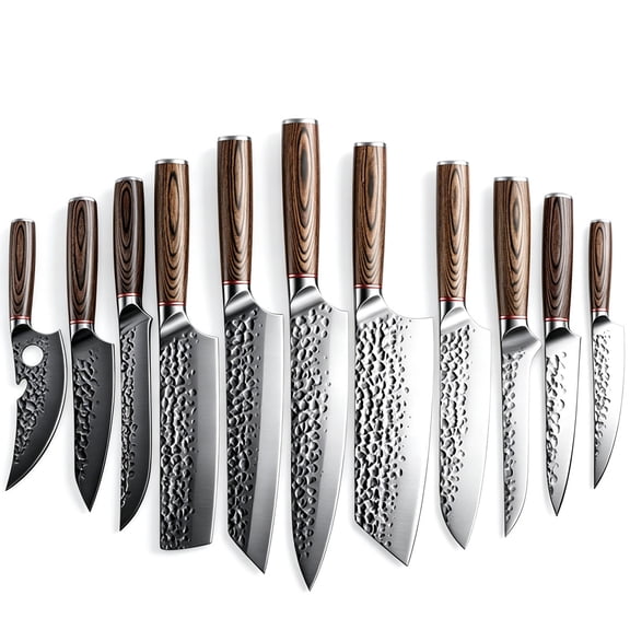 11-Piece Hand Forged Hammer Pattern Kitchen Knife Set with Wood Handles, High Carbon Steel Chef Knives, Ultra Sharp Multi-purpose Cooking Knives for Home Use