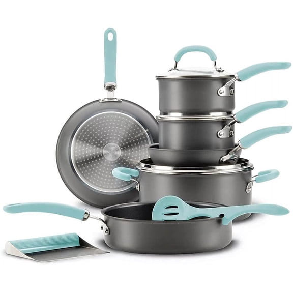 11-Piece Hard Anodized Aluminum Cookware Set, Light Blue Handles