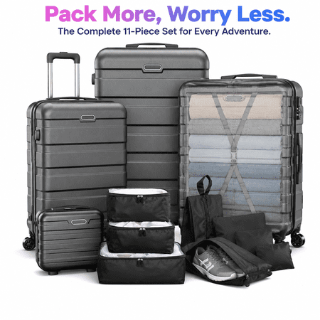 11-Piece Hardshell Luggage Set – 4 ABS Suitcases (14” 20” 24” 28”) + 7 Packing Cubes, Lightweight Travel Luggage Set with Spinner Wheels & Password Lock for Family Trips, Vacation & Business