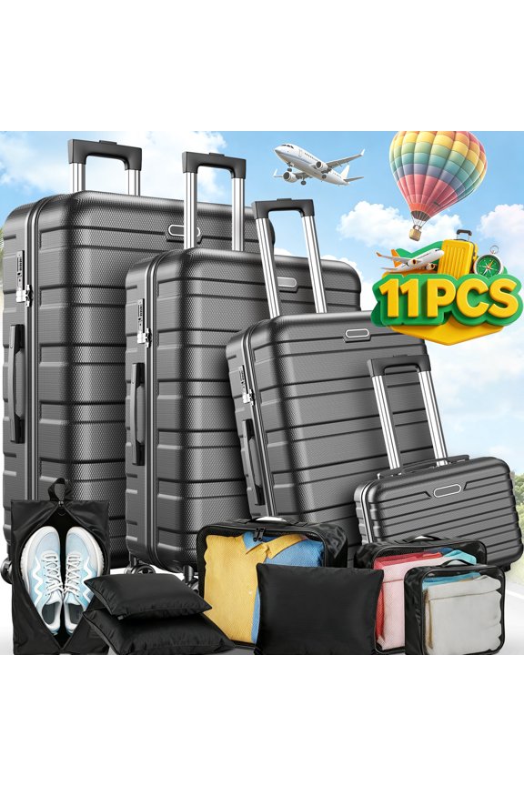 11‑Piece Hardside Luggage Set with Packing Organizers, Durable ABS Hard Shell, 360° Spinner Wheels, Built‑In Combination Locks, Telescoping Handles, Space‑Saving Nestable Storage for Family Travel