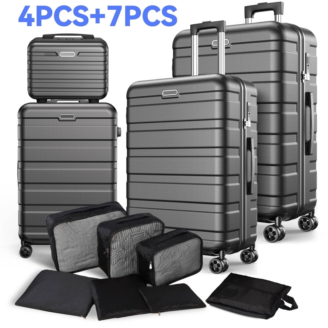 11-Piece Hardside Luggage Set with Packing Cubes– 20" Carry-On & 28" Checked Suitcase, Luggage Suitcase Set Lock & Spinner Wheels(Black)