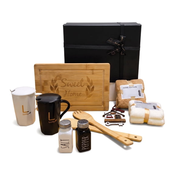 11-Piece Housewarming Gift Box Set, Engraved Wood Cutting Board, Mugs & Kitchen Essentials, New Home Presents for Couples