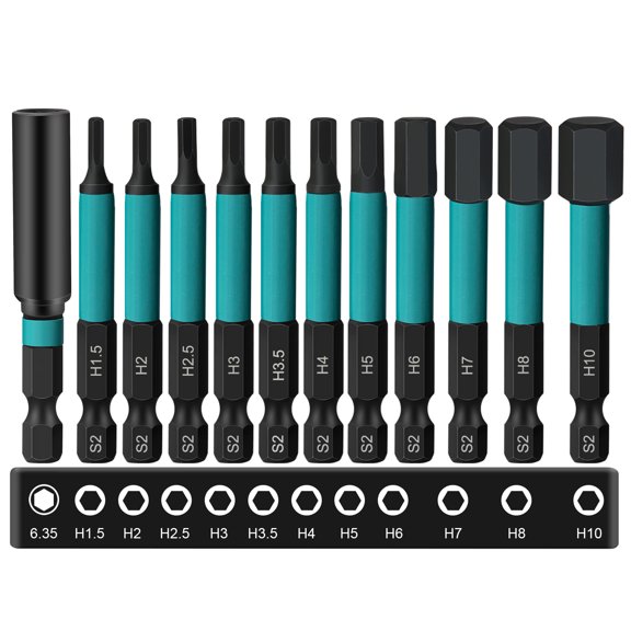 11-Piece Impact Driver Bit Set Impact Hex Bit Set 2.3"Long, H1.5-H10 Metric Hex Screwdriver Driver Bits,1/4" Shank S2 Steel Short Extension Bar with Storage Box