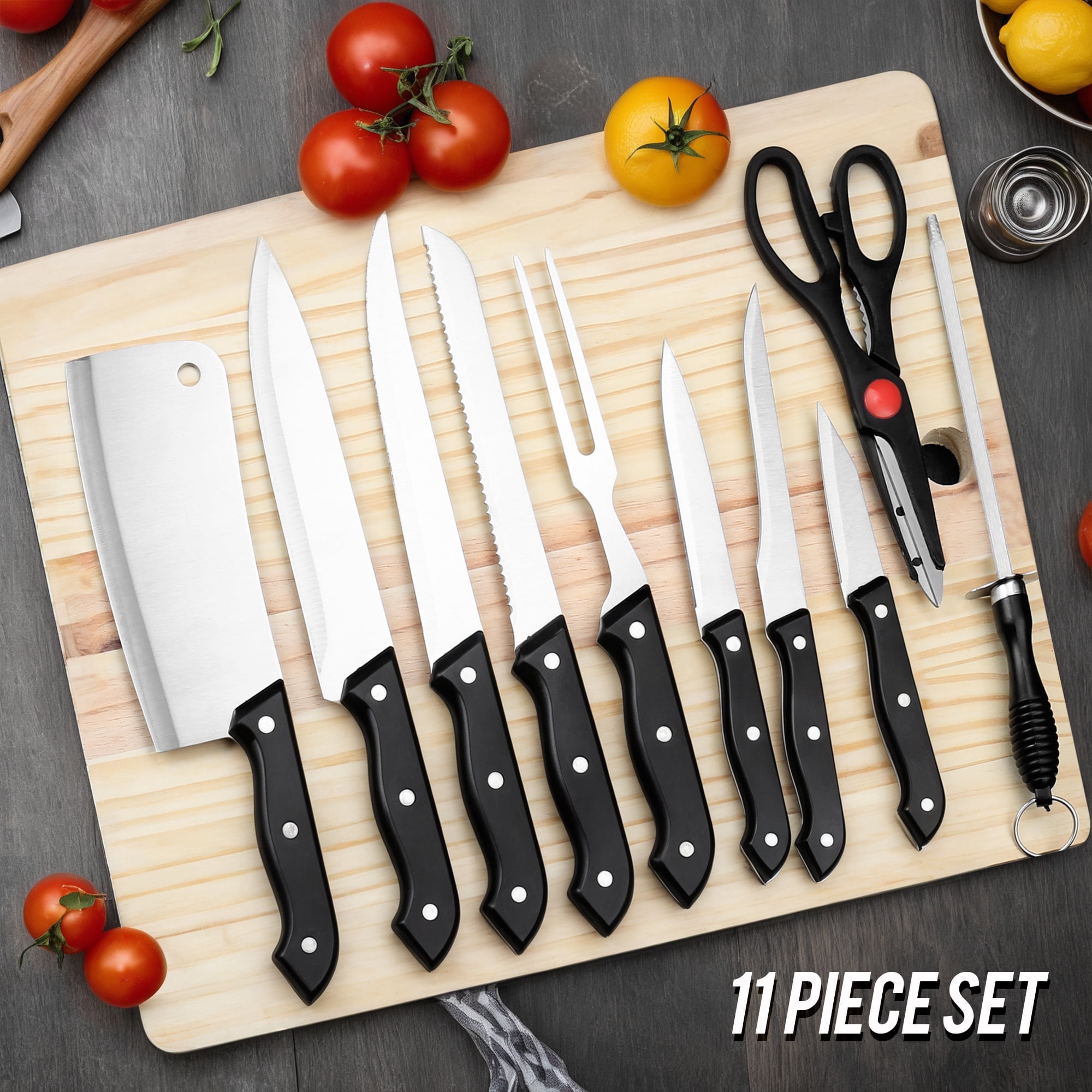 Blusmart 11-Piece Stainless Steel Kitchen Knife Set with Wooden Cutting Board, Professional Chef Cutlery Set with Sharpener, Scissors & Cleaver, Ergonomic Handles for Precise Cutting