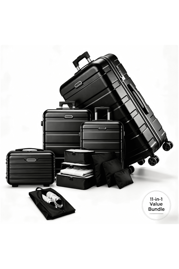 11-Piece Luggage Set with 4 Hardside Spinner Suitcases (14"/20"/24"/28") and 7 Packing Cubes, Lightweight Travel Set with 360 Spinner Wheels, TSA Lock, for Family Vacation & Business, Black