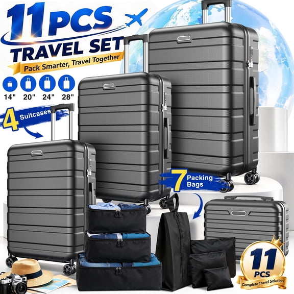 11 Piece Luggage Set, Carry On Luggage with Wheels, 5,000+ Impact Tested Hard Shell Suitcases, 360 Silent Spinner Wheels, TSA Lock, 7 Packing Bags, 10,000+ Wheel Rotation Tested, 14/20/24/28 Inch
