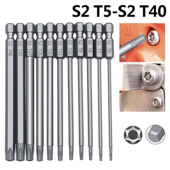 11-Piece Magnetic For Torx Screwdriver Bits Set, 100 Mm Length, 1/4 Inch Hex Shank,For T6T40 Sizes, Compatible For Manual And Electric Screwdrivers, Drills, And Power Tools