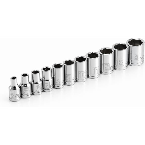 11 Piece Metric Shallow Socket Set, 1/4-Inch Drive, 6 Point, Dual Grease Rings, Size Markings - 640498, Silver