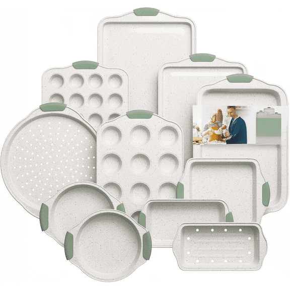 11-Piece Non-Toxic Stackable Nonstick Baking Set with Heat-Resistant Handles White and Light Green