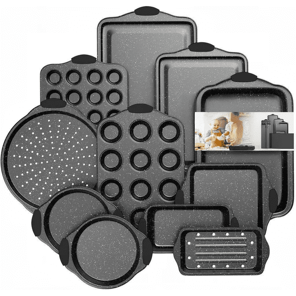11-Piece Nonstick Stackable Baking Pan Set with Silicone Handles Black