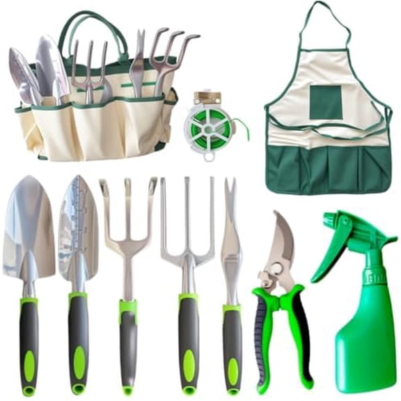 11-Piece Outdoor Gardening Tool Set, Suitable for Women, Seniors, and Left-Handed Users, Includes Tree pruners, Hand rakes, and a Watering can with Green Non-Slip Handles. (Gray)