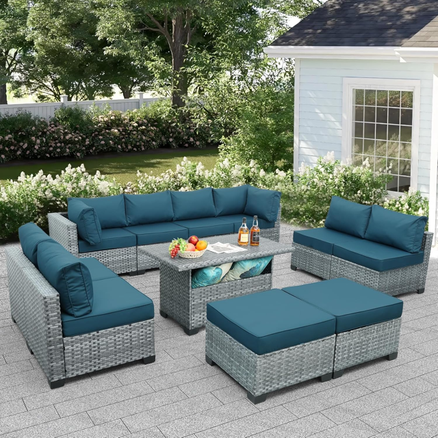 11 Piece Outdoor PE Wicker Furniture Set Patio Gray Rattan Sectional
