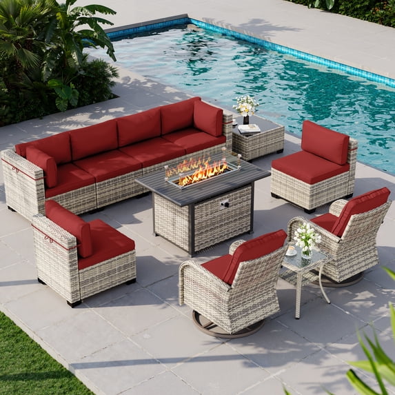 11-Piece Outdoor Patio Furniture Set with Rocking Swivel Chair, Wicker Rattan Sectional Sofa Conversation Set with 55,000 BTU Fire Pit Table, Backyard Furniture,Red