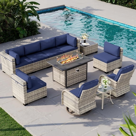 11-Piece Outdoor Patio Furniture Set with Rocking Swivel Chair, Wicker Rattan Sectional Sofa Conversation Set with 55,000 BTU Fire Pit Table, Backyard Furniture,Navy Blue