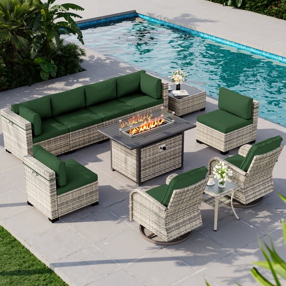 11-Piece Outdoor Patio Furniture Set with Rocking Swivel Chair, Wicker Rattan Sectional Sofa Conversation Set with 55,000 BTU Fire Pit Table, Backyard Furniture,Dark Green