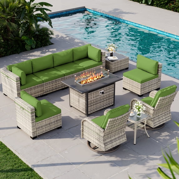 11-Piece Outdoor Patio Furniture Set with Rocking Swivel Chair, Wicker Rattan Sectional Sofa Conversation Set with 55,000 BTU Fire Pit Table, Backyard Furniture,Grass Green