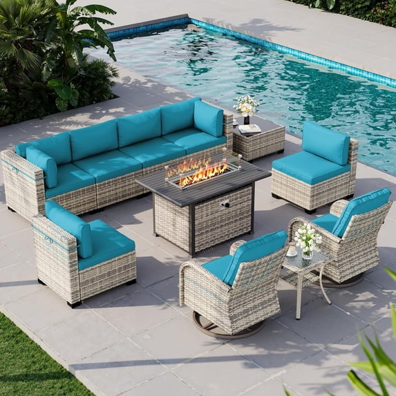 11-Piece Outdoor Patio Furniture Set with Rocking Swivel Chair, Wicker Rattan Sectional Sofa Conversation Set with 55,000 BTU Fire Pit Table, Backyard Furniture,Turquoise