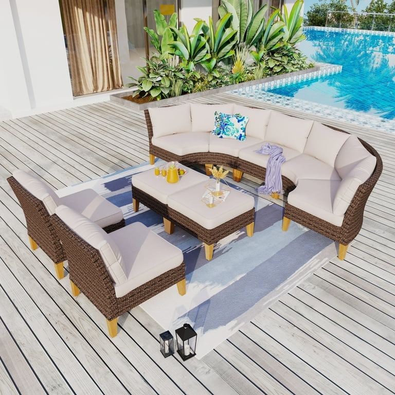 MAISON ARTS 11 Piece Outdoor Wicker Half Round Furniture Set Half Moon Sectional Sofa All Weather Curved Conversation Set 9 Seat Type F