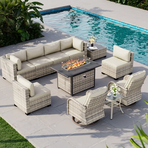 11-Piece Patio Furniture Set, Outdoor Patio Furniture with 55,000 BTU Fire Pit Table, Swivel Chairs Set, Thick Cushions, Modular Patio Sofa, Dual-Strand Wicker Rattan, Rust-Resistant Frame, Ivory