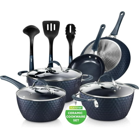 11 Piece Pots and Pans Set - Non Stick Cookware Set with Ceramic Coating, Cool-Touch Handles, Induction Ready, Includes Lids, and Utensils - Diamond Blue