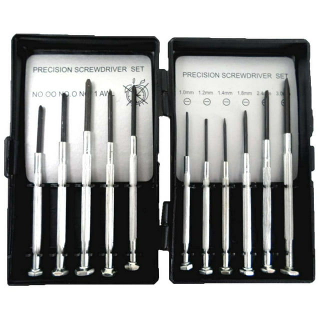 11 Piece Precision Carbon Steel Screwdriver Set - 3 Phillips, 6 Slotted, 1 Awl, and Magnetic Pick-up Tool with a Storage Case